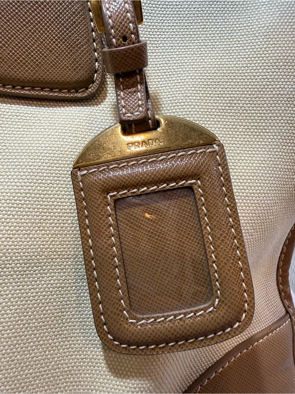 Prada Beige Canvas with Brown Saffiano Trim Tote